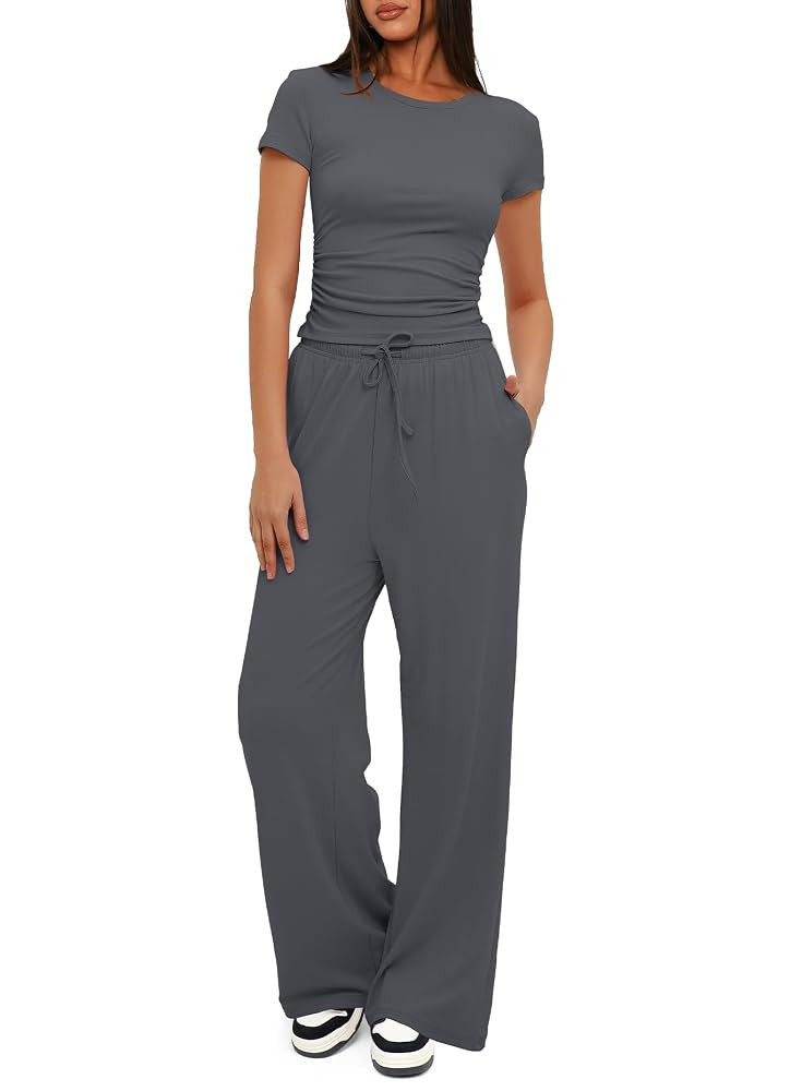 Darong Women's 2 Piece Set Outfits Lounge Sets Ruched Short Sleeve Tops High Waisted Wide Leg Pan... | Amazon (US)