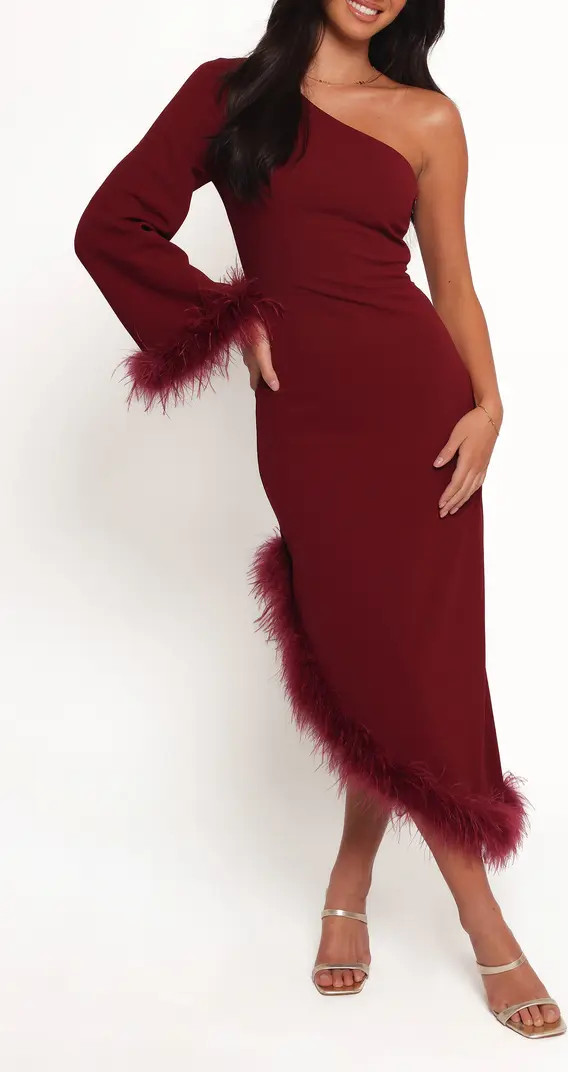 Dame Feather Trim Single Long Sleeve Midi Cocktail Dress | Nordstrom