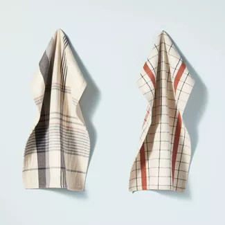 2pk Assorted Fall Plaid Kitchen Towel Set Pumpkin Brown/Blue - Hearth & Hand™ with Magnolia | Target