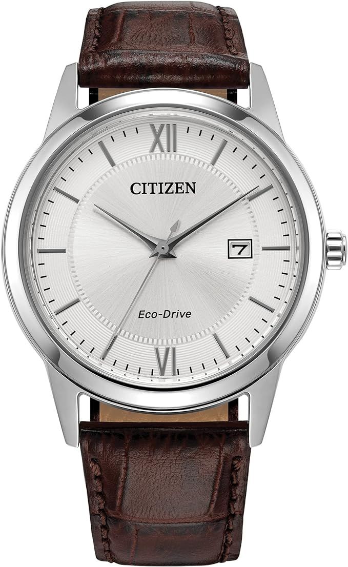 Citizen Men's Classic Eco-Drive Leather Strap Watch, 3-Hand Date | Amazon (US)