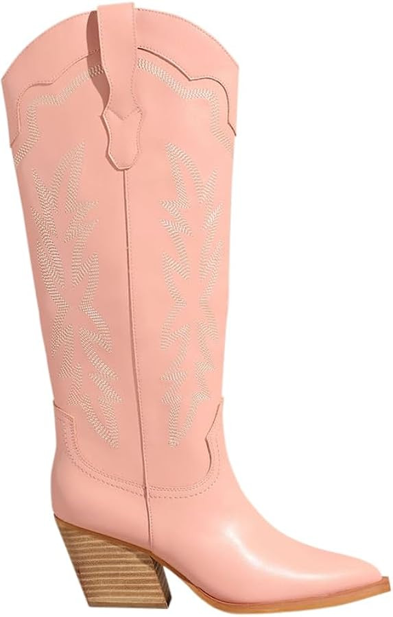 Indigo Chunky Heel Pull-on Pointed Toe Leather Western Stitched Knee-high Boots | Amazon (US)