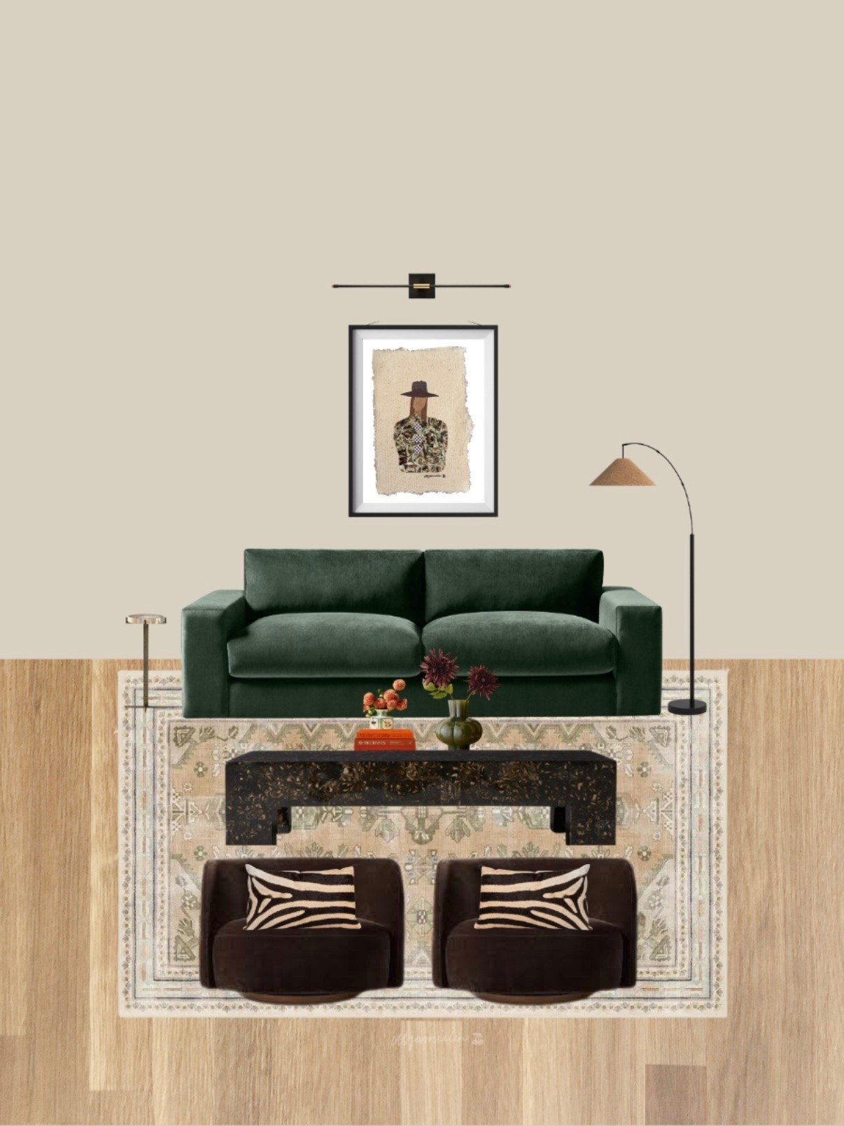 green couch, warm wood, brown swivel chairs + a little animal print because apparently i have no interest in making a boring living room ★

this is my kind of neutral — layered, warm, a little moody, and still playful. the patterned rug keeps everything grounded while the jade green sofa brings just enough color.

shop the pieces from this mockup on my LTK ↓

#LTKHome