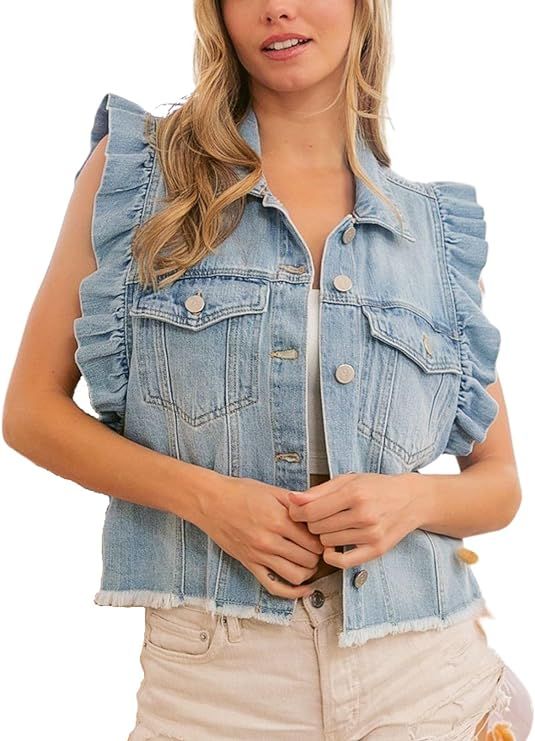 Women's Distressed Ruffled Sleeveless Denim Vest Button Down Frayed Hem Jean Jacket Turn Down Col... | Amazon (US)