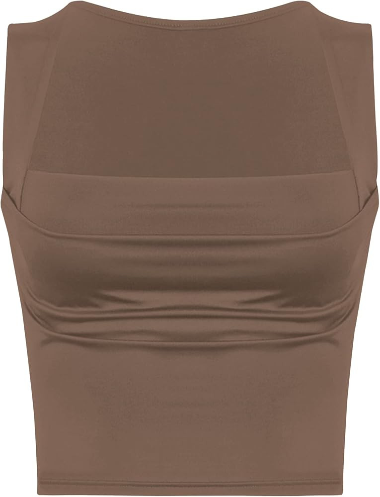 Meladyan Women Sexy Pleated Ruched Crop Tank Top Blue Square Neck Strappy Sleeve Cropped Vest Cam... | Amazon (US)