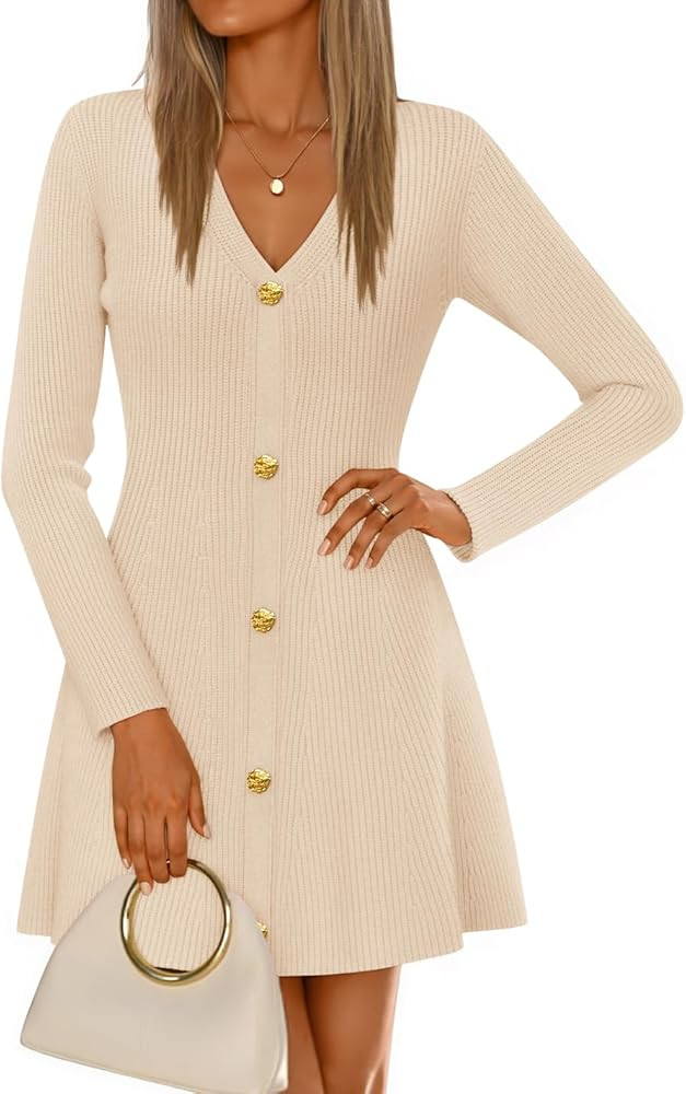 ZESICA Women's Fall Long Sleeve Sweater Dress 2025 Casual V Neck Button Ribbed Knit A Line Swing ... | Amazon (US)