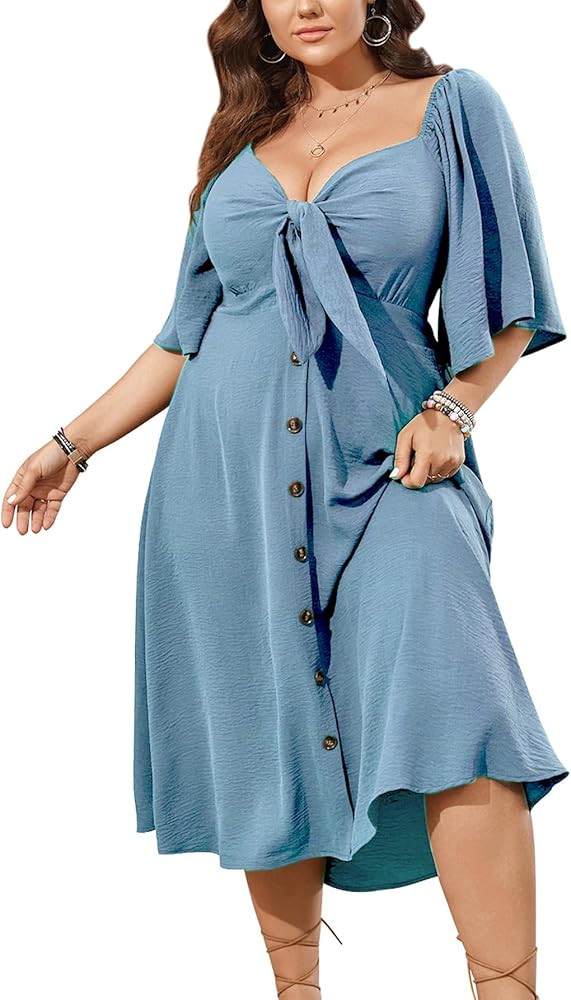 SCOMCHIC Plus Size Summer Dress Casual Short Sleeve Bow Tie Deep V Neck Smocked Button Down Midi ... | Amazon (US)