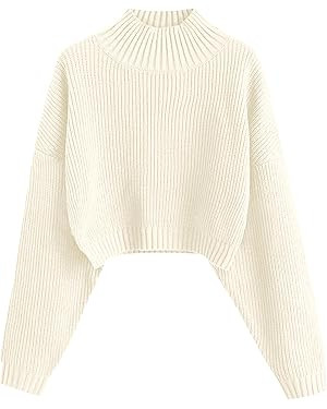 ZAFUL Women's Cropped Turtleneck Sweater Lantern Sleeve Ribbed Knit Pullover Sweater Jumper | Amazon (US)