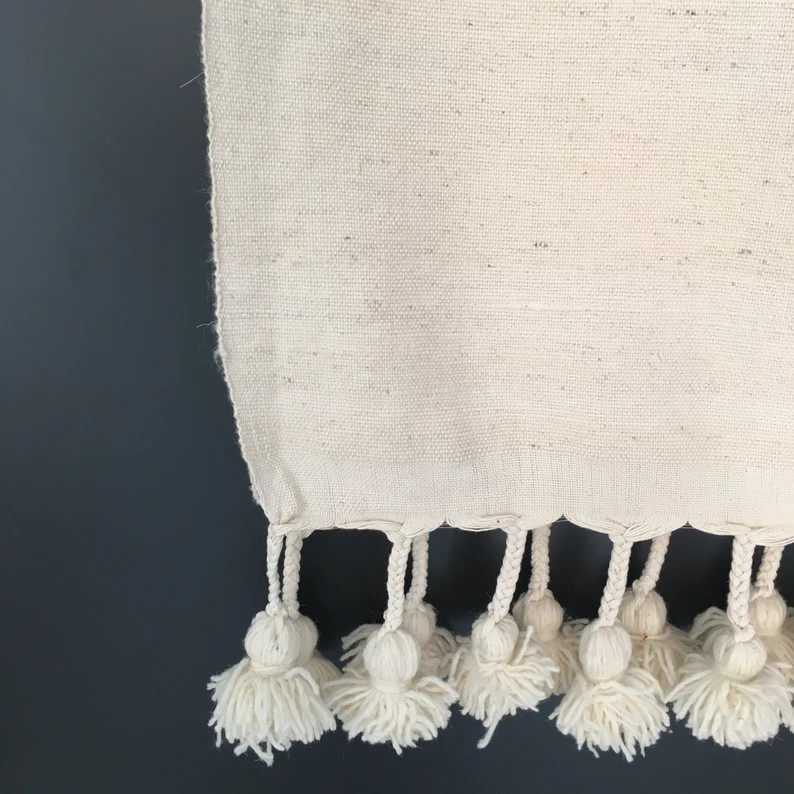 Moroccan Pom Pom Ivory White Cotton Blanket and throw with braided tassels loomed by hand for Ecl... | Etsy (US)