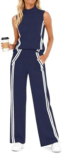 Casly Lamiit Womens 2 Piece Lounge Set Stripes Travel Outfits Sweatsuit Mock Neck Tank Top Wide L... | Amazon (US)