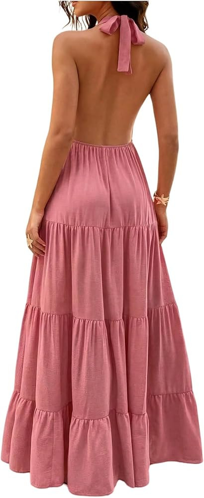 Milumia Women's V Neck Open Back Halter Dress Sleeveless Layered Summer Vacation Maxi Dresses | Amazon (US)
