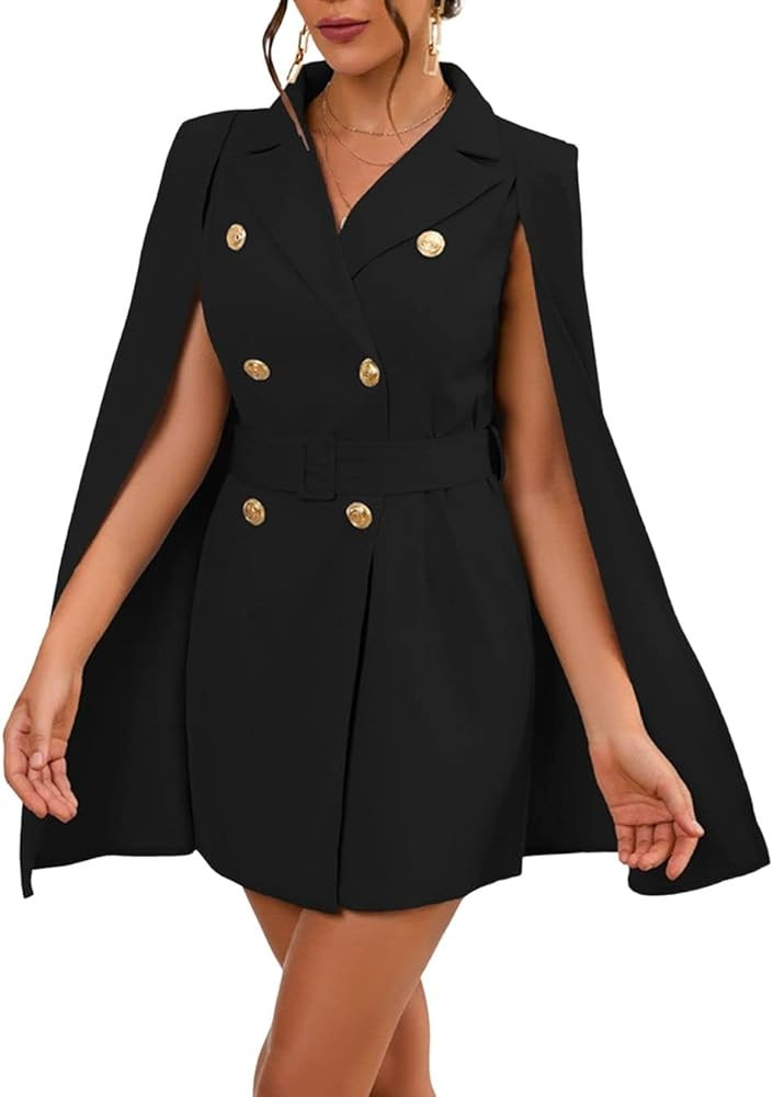 CHARTOU Women Elegant Blazer Dress Poncho Cape Double Breasted Office Work Mini Dress Blazer Jack... | Amazon (US)