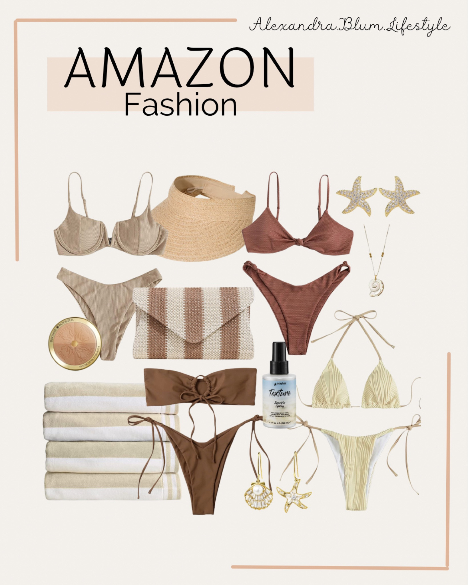 Amazon fashion finds! Two piece bikini swimwear and swimsuits! Towels, clutch bags, visor, bronzer, stud earrings, and swim necklace! Amazon swim! 

#LTKbeauty #LTKswim #LTKunder50