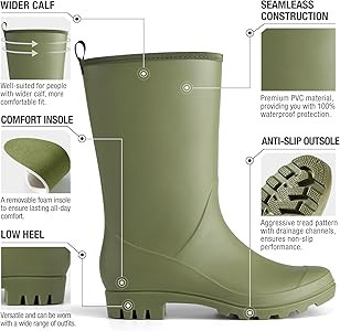HISEA Women Rubber Boots Wide Calf Rain Boots Matte Surface Waterproof PVC Rubber Rain Boot Mid H... | Amazon (US)