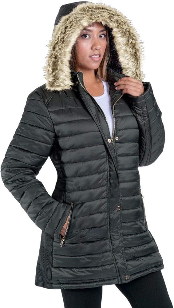 Facitisu Womens Winter Warm Jacket Long Down Faux Fur Hooded Quilted Sherpa Lined Coat | Amazon (US)