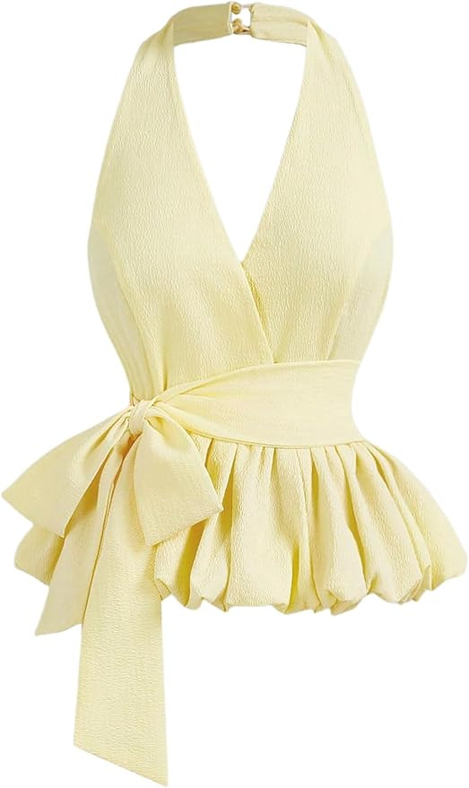 Women's Bubble Hem Halter Tops Bow Tie Wrap V Neck Going Out Party Puffy Tank Shirts | Amazon (US)