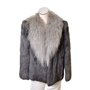 Rabbit fur coat with Mongolian lamb trim collar shearling women's gray Medium | eBay US