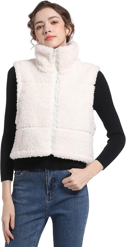 V VOCNI Womens Sherpa Fleece Vest Fuzzy Crop Vest Casual Sleeveless Jacket Zipper Waistcoat Outwe... | Amazon (US)