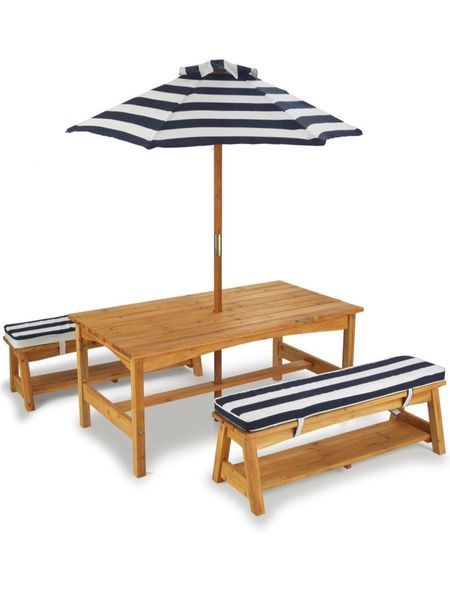 Outdoor Wooden Table & Bench Set with Cushions and Umbrella; Kids Backyard Furniture; Beautiful Navy and White Stripe Fabric

#LTKhome #LTKfamily #LTKkids