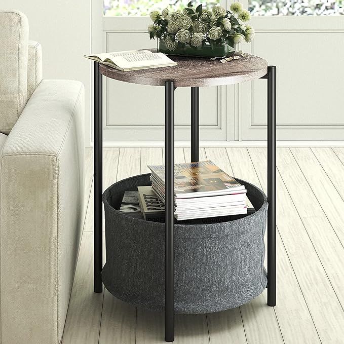 Allewie Round Side Table with Fabric Storage Basket/Industrial End Table/Bedside Table/Coffee Tab... | Amazon (US)
