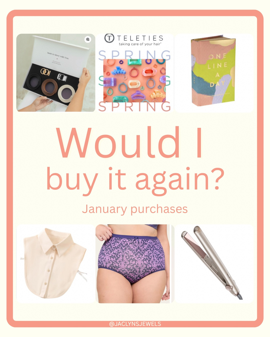 January’s purchases were random

I can’t link Bella Belts, but you can visit their site. 

Hair clips
Hair ties
Belt
Journal
Accessories
Flat iron



#LTKselfcare #LTKOver40 #LTKBeauty