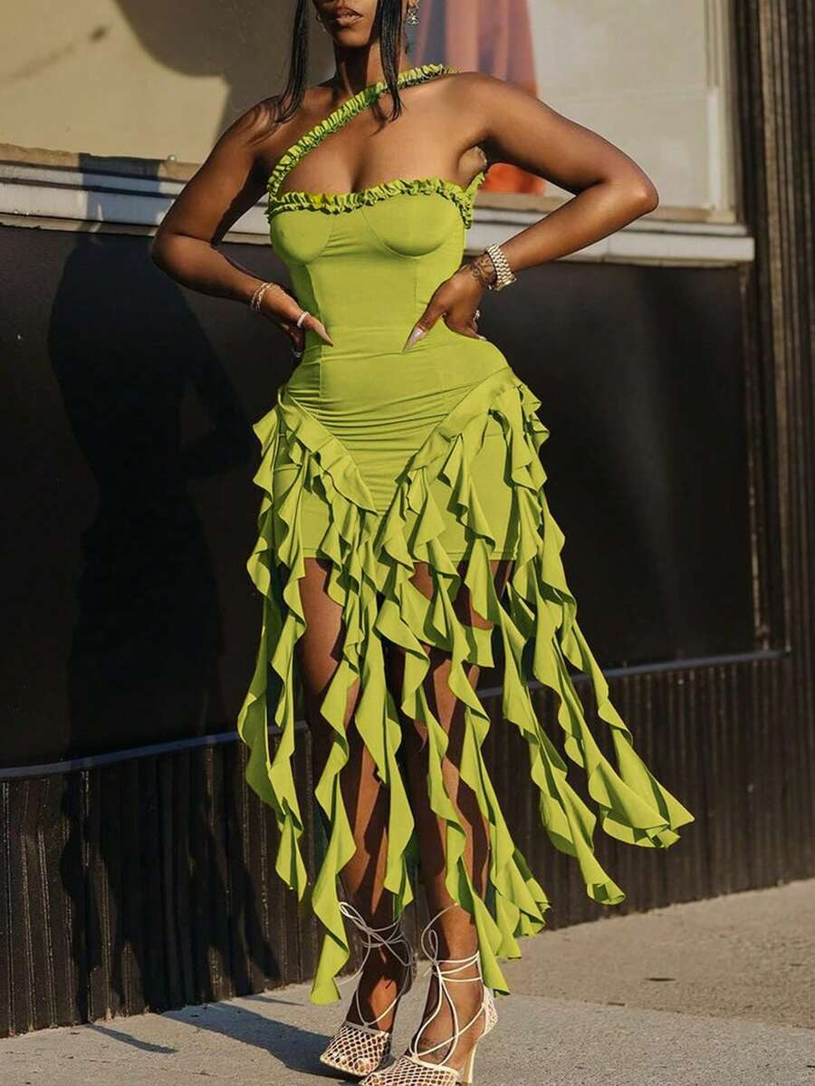 Halter Ruffle Layered Hem Bodycon Dress In Bright Green, Asymmetrical Fringe Summer Beach Look | SHEIN