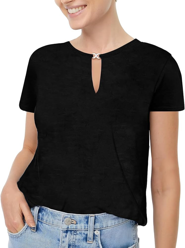 SAUKOLE Women’s 2 Pack Short Sleeve Shirts Summer Casual Keyhole V Neck Basic Loose Lightweight Tops Blouse | Amazon (US)