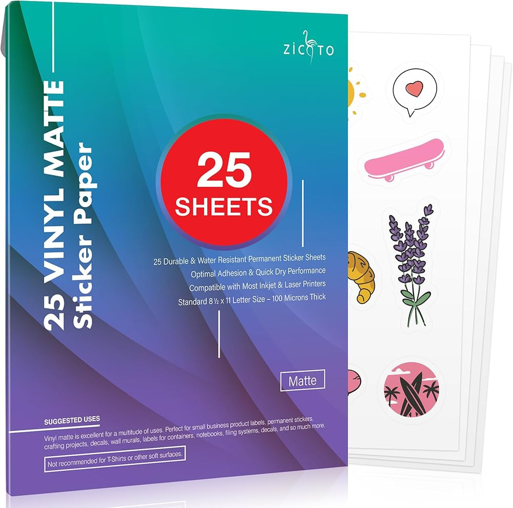 Premium Printable Vinyl Sticker Paper for Your Inkjet and Laser Printer – 25 Matte White Waterp... | Amazon (US)