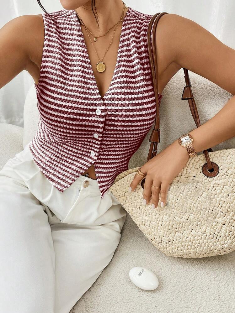 SHEIN Frenchy Women's Summer Striped V-Neck Single-Breasted Casual Tank Top | SHEIN