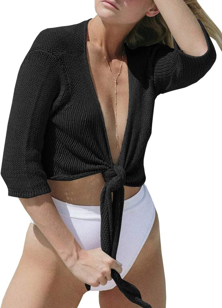 YeMgSiP Women's Tie Front Shrug 3/4 Sleeve Bolero Sheer Knotted Lightweight Cardigan Sweaters Sho... | Amazon (US)