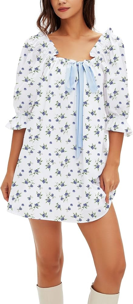 hibshaby Women's Babydoll Short Dress Puff Sleeve Cute Tie Mini Dress Floral Sundress | Amazon (US)