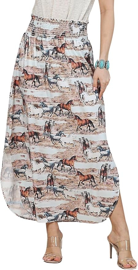 Womens Western Horse Desert Print Smock Waist Maxi Skirt Tribal Cowgirl Skirt Dress | Amazon (US)