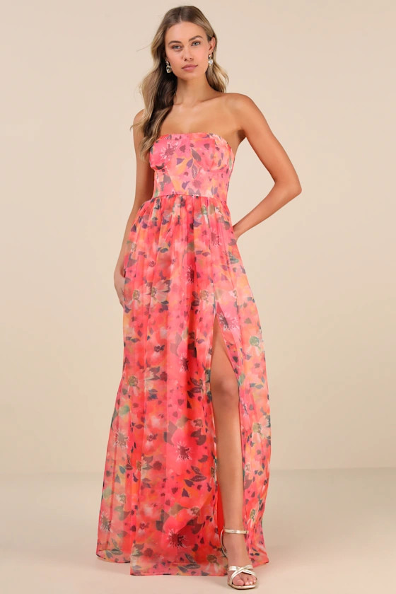 Wonderful Waltz Coral Floral Print Strapless Bustier Maxi Dress | Lulus