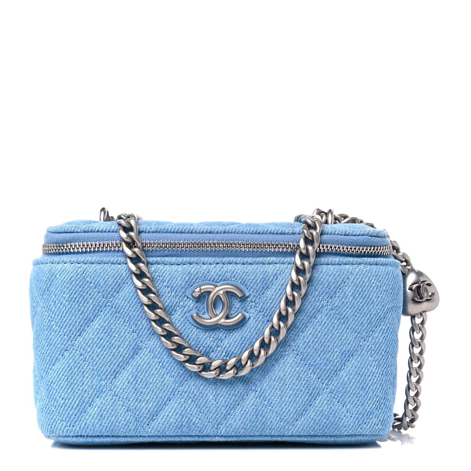 Denim Quilted Sweetheart Small Vanity Case With Chain Blue | FASHIONPHILE (US)