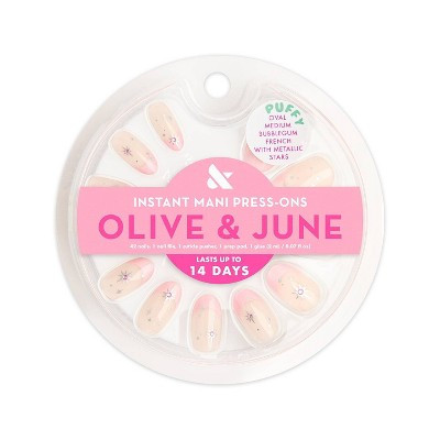 Olive & June Press-On Fake Nails - M Oval - Bubblegum French with Metallic Stars - 42ct | Target