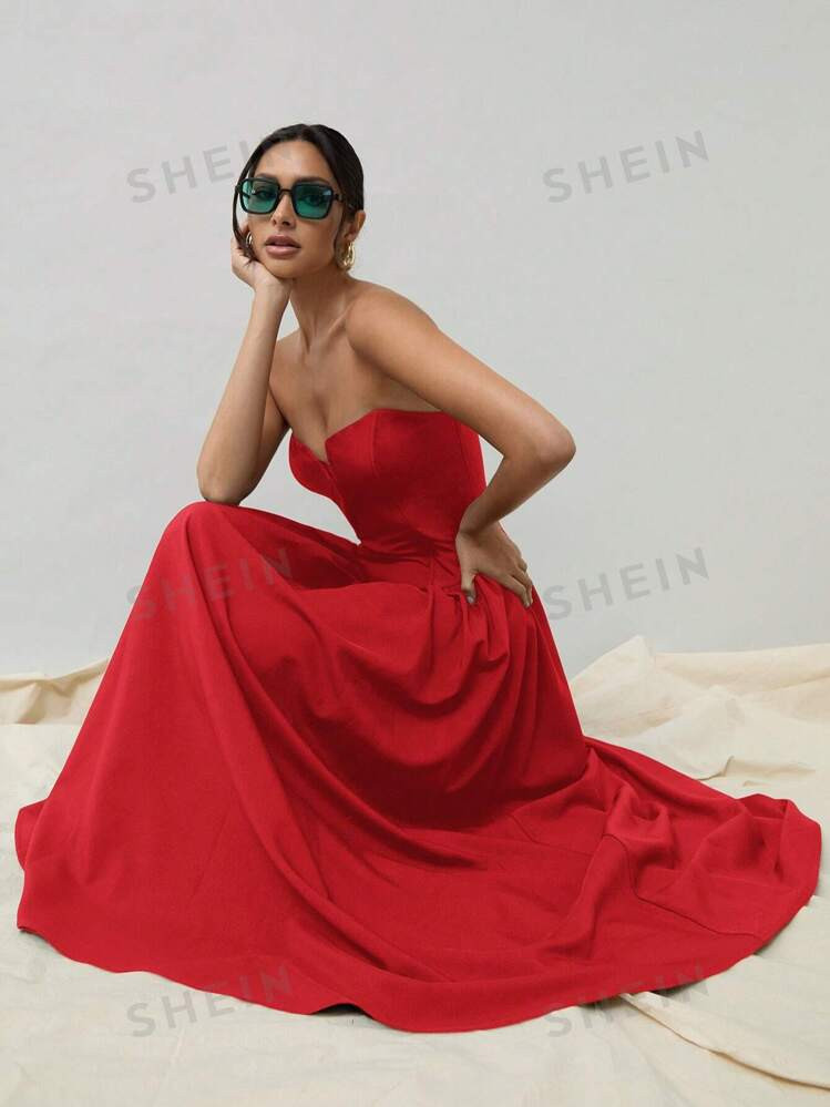 COSMINA Women V-Neck Elegant Bustier Corset Maxi Party Gala Cocktail Dress With Oversized Party G... | SHEIN