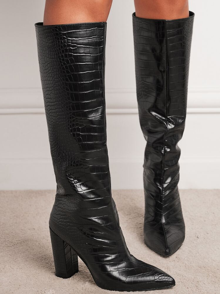 Match Jacket , Women's Pointed Toe Block Heel Stone Pattern Faux Leather Knee High & Over The Knee & Wide Calf Boots With Pull-On Design For Autumn And Winter,Go With Sweater | SHEIN