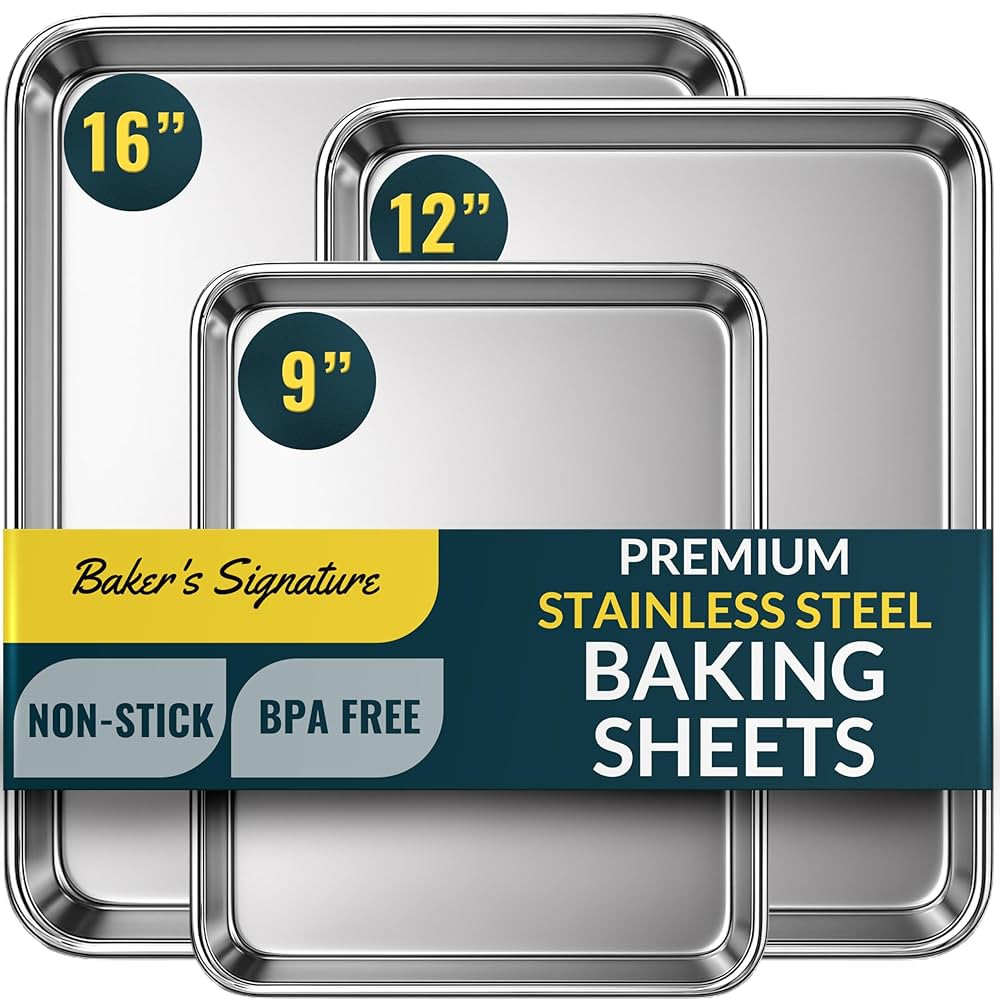 Baker’s Signature Stainless Steel Cookie Sheet Pan, Stainless Steel Baking Sheet Set of 3, Mirr... | Amazon (US)