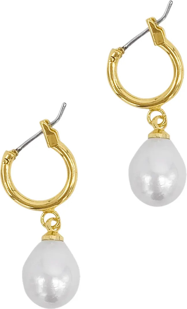 Adornia 14K Yellow Gold Plated 10mm Freshwater Pearl Huggie Drop Earrings | Nordstromrack | Nordstrom Rack
