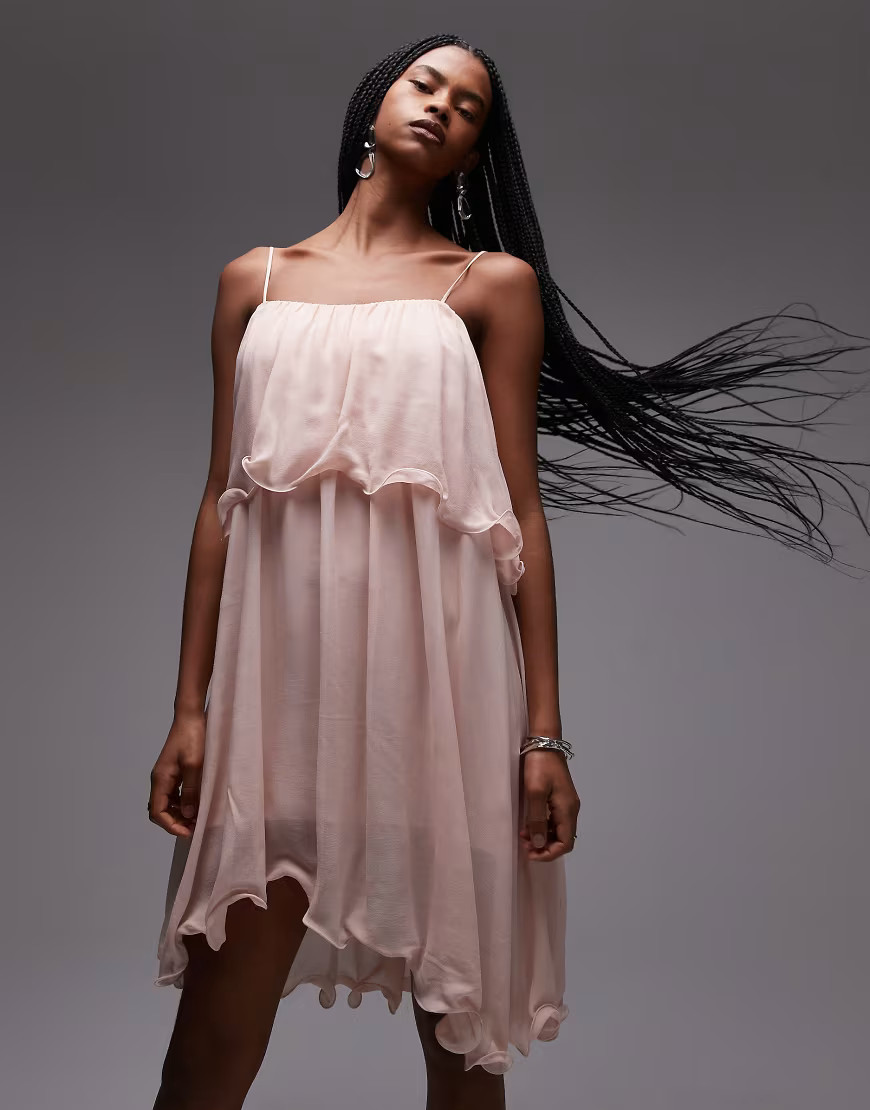 & Other Stories floaty chiffon strappy mini dress with asymmetric hem in pink | ASOS (Global)
