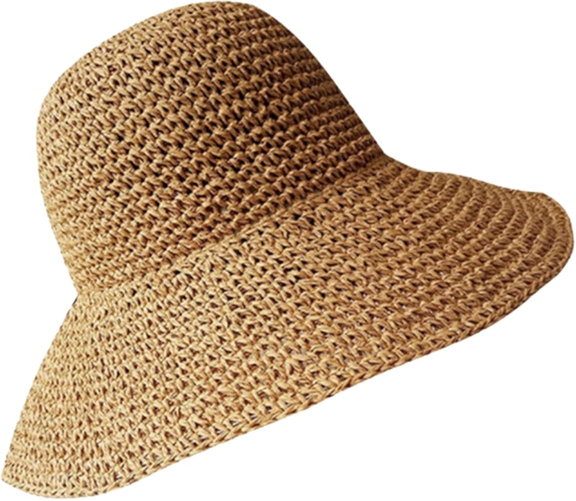 Womens Sun Straw Hat Wide Brim Summer Hat Foldable Roll up Floppy Beach Hats for Women Girl UPF 50+ | Amazon (US)