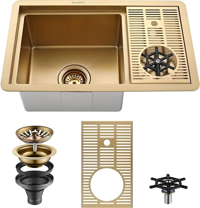 AguaStella AS1514XG Brushed Gold Bar Sink with Glass Rinser Stainless Steel Undermount Prep Kitch... | Amazon (US)