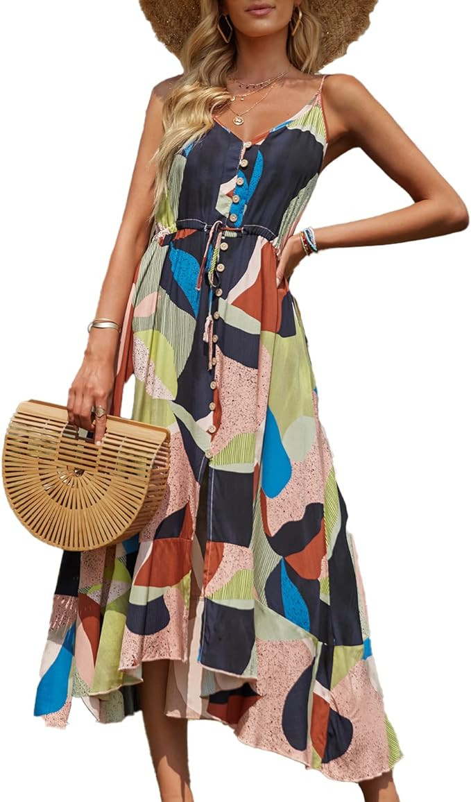 BROVAVE Women's 2026 Summer Casual Boho Sundress Polka Dot Spaghetti Strap V Neck Flowy Midi Dres... | Amazon (US)