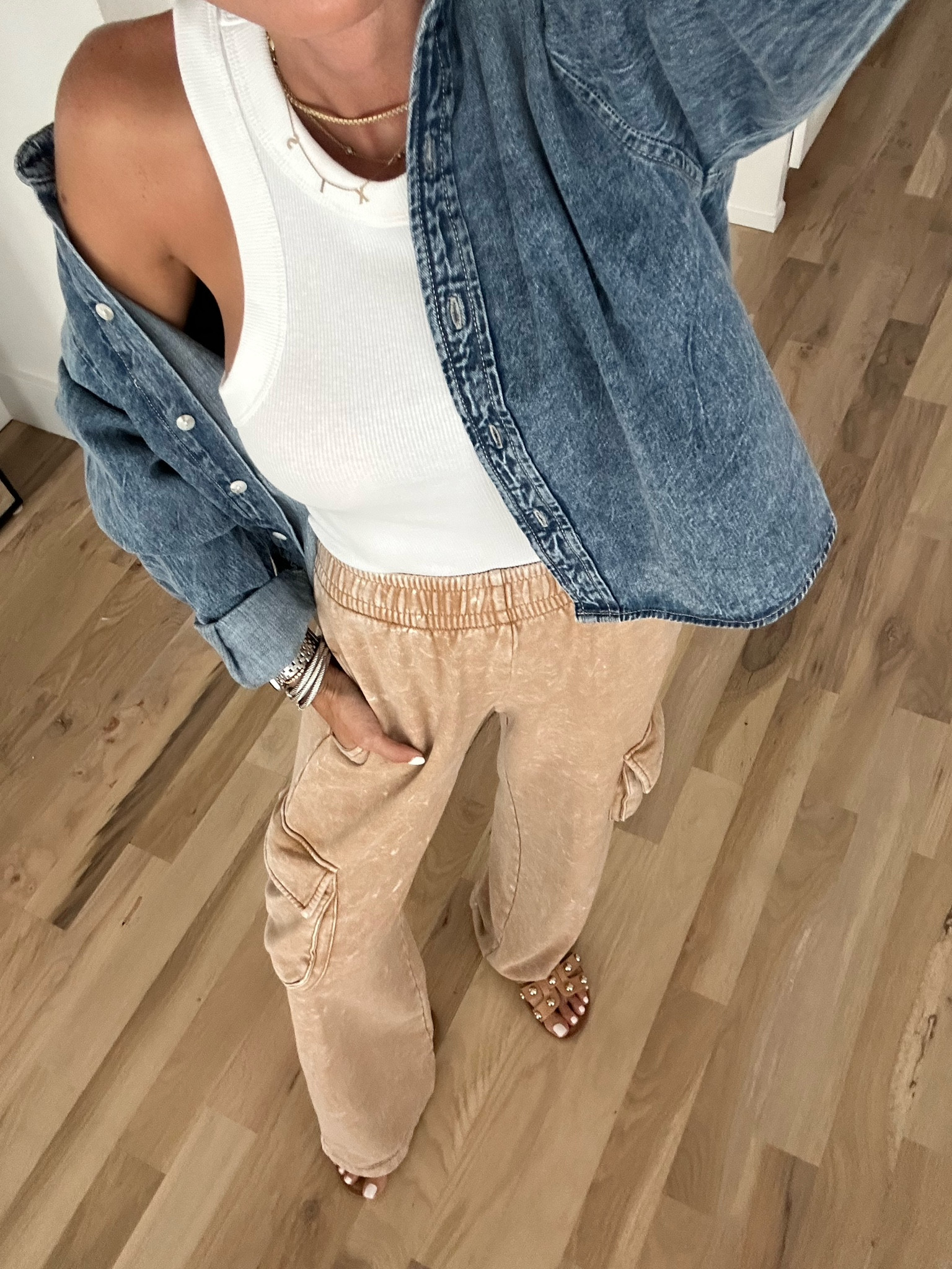 Denim cropped shirt size xxs, white tank size Xs, target cargo sweatpants size xxs 

#LTKfindsunder100 #LTKfindsunder50 #LTKSeasonal