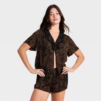 Women's Lace Trim Satin Fly Away Top and Shorts Pajama Set - Auden™ Brown XS | Target