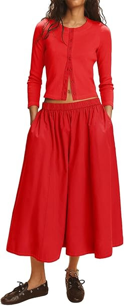 Tankaneo Womens 2 Piece Skirt Sets 3/4 Sleeve Knit Tops Elastic Waist Midi Skirt Outfits Casual M... | Amazon (US)