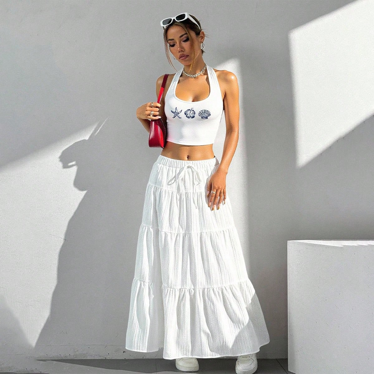 MainGRL Women Solid Color High Waist Tie Ruffled Hem Maxi Skirt | SHEIN