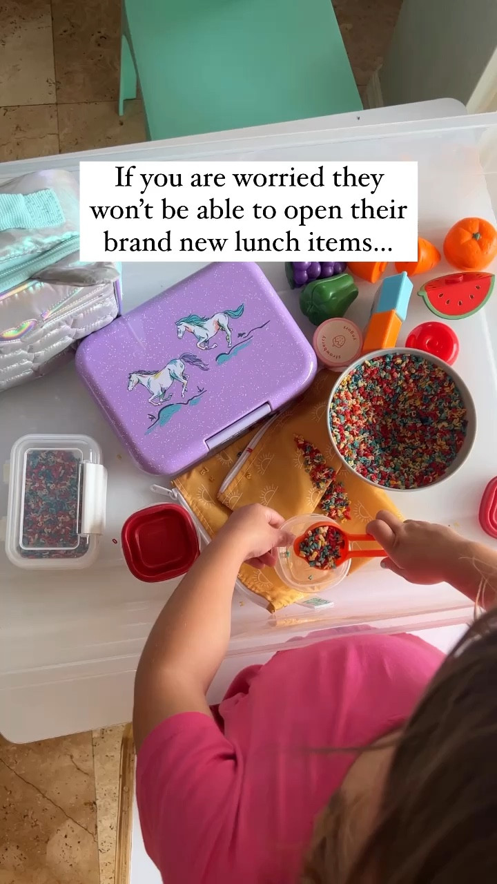 Get Back-to-School ready…through play! 
Honestly, I was naive. I thought because the fancy bento box thing was super easy for me to open and close, it would also be easy for her. Well, I’m so glad I set up this sensory bin/pretend play activity with the actual items she will be taking to kindergarten because she didn’t really know how to close it. And it was easy for me to show her how vs. her trying to figure it out, leaving it open and spilling the leftover contents, or waiting for a lunchroom helper. 

I am a worrier but at least this helps to ease one of my (many) worries for my oldest starting kindergarten.

#LTKBacktoSchool #LTKKids #LTKVideo