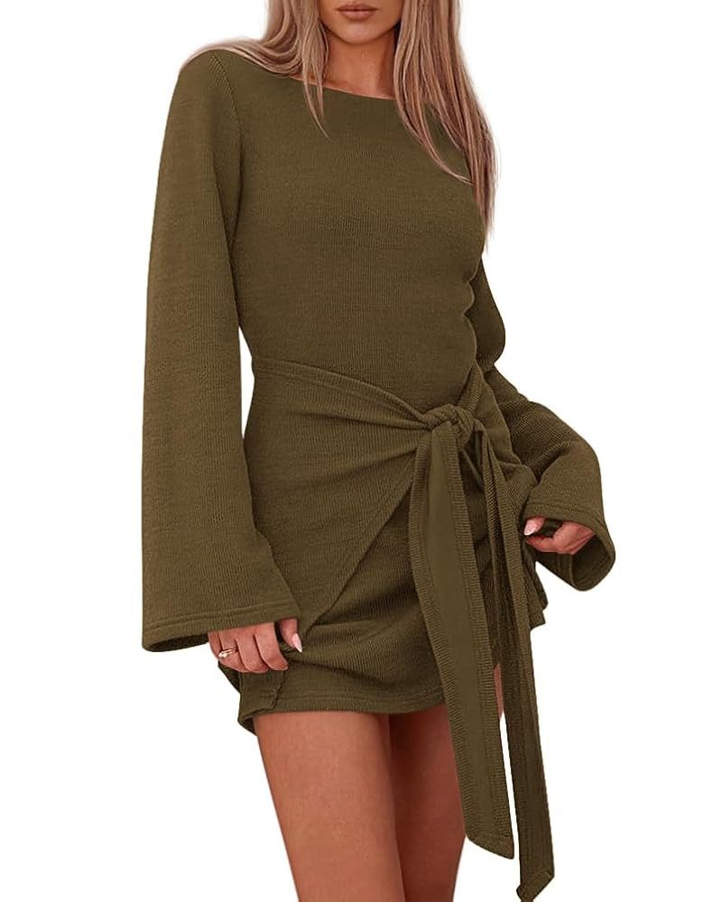 dowerme Women's Casual Mini Dress 2025 Bell Long Sleeve Boat Neck Tie Waist Bodycon Dresses Knitt... | Amazon (US)