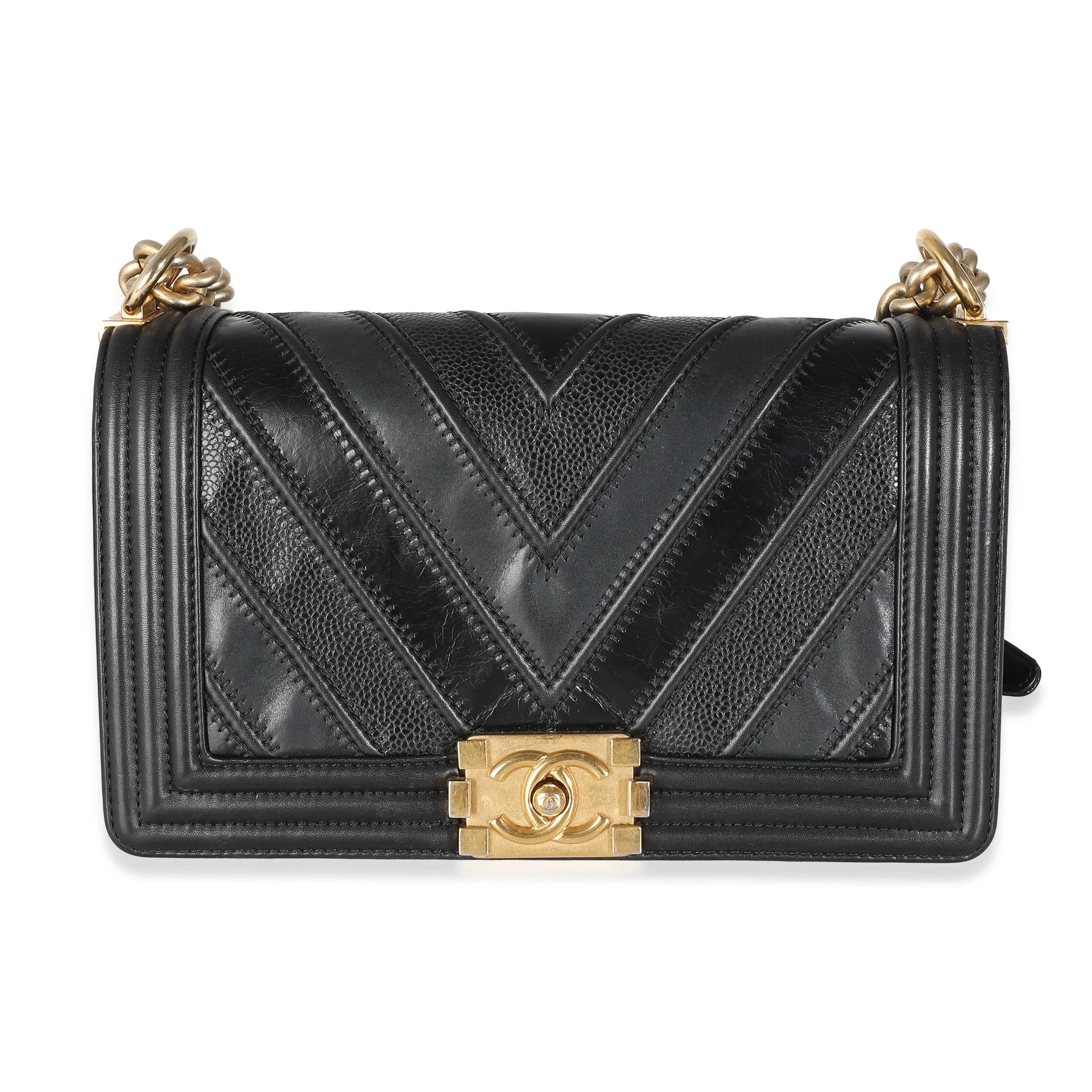 Chanel Women's Black Calfskin Caviar In The Mix Chevron Old Medium Boy Handbag | Zulily