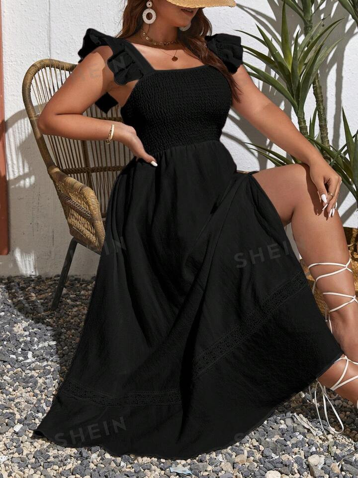 SHEIN VCAY Plus Guipure Lace Panel Ruffle Trim Dress | SHEIN